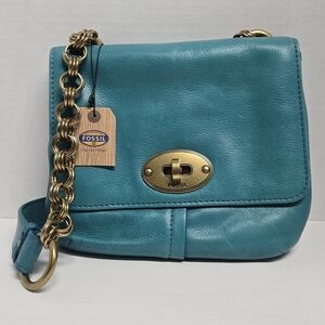 Fossil Cori Mini Flap Turquoise Leather Crossbody Bag 8"X8.5"